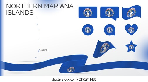 Northern Mariana Islands flags set. Various designs. Map and capital city. World. Vector. Circle icon. Template for independence day. Collection of national symbols. Ribbon. Oceania countries 