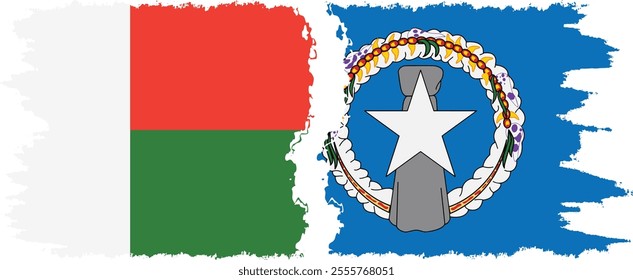 Northern Mariana Islands and Madagascar grunge flags connection, vector