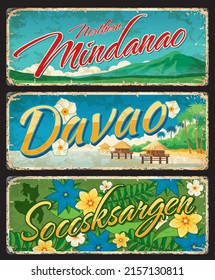 Die philippinischen Provinzen Nord-Mindanao, Davao und Soccsksargen reisen mit Plakaten und Aufklebern. Vektorzeichen philippinischer Regionen, alte Grunge-Banner mit Kitanglad-Gebirgskette, Samal-Inselstrand