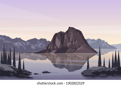 Northern mountain lake landscape. Nature outdoor scene of hiking trip. Vector background in flat geometric style.