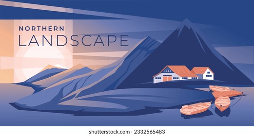 northern mountains with a view of houses. Blue sea or river sunset. Destination travel and tourism. Vector illustration