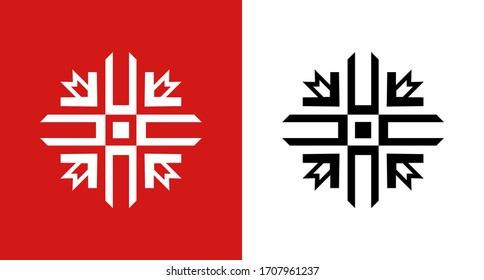 Northern National Folk ornament round shape isolated on red and white background. Vector ethnic Emblem of Canadian and Scandinavian traditional geometric Textile Signs.