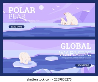 Banderas de conservación de la naturaleza del norte y calentamiento global ambientadas con osos polares en el paisaje nevado del Ártico, ilustración vectorial plana. Pancartas de ahorro ambiental.