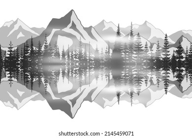 Northern nature view, black and white landscape. Reflection of mountains and forests in the lake.