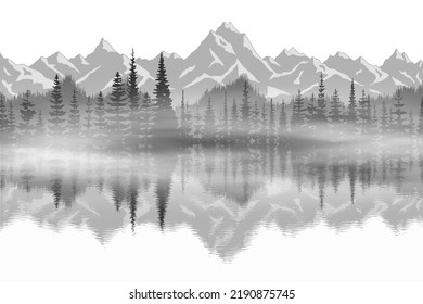 Northern nature view, black and white landscape. Reflection of mountains and forests in the lake.