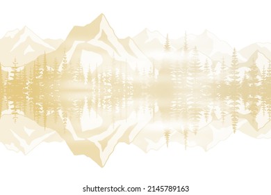 Northern nature view, sepia landscape. Reflection of mountains and forests in the lake.
