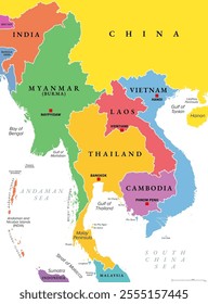 Northern part of Mainland Southeast Asia, multi colored political map, with borders and capitals. Formerly known as Indochina, with the countries Thailand, Vietnam, Myanmar, Laos, and Cambodia.