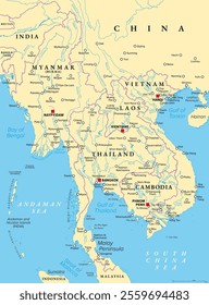 Northern part of Mainland Southeast Asia, transport political map. Countries Thailand, Vietnam, Myanmar, Laos, and Cambodia, with the most important waterways on rivers, and with the largest cities.