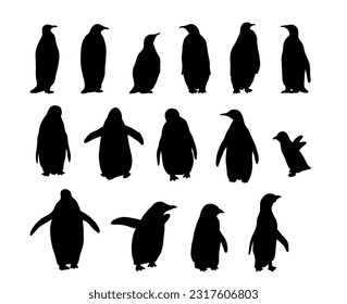 Northern Penguin. Realistic polar animal silhouette set
