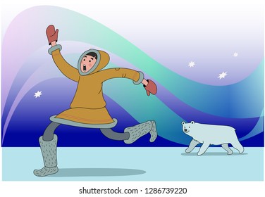 Northern people boy running away from polar bear on ice