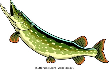 Northern Pike Fish Vector Cartoon Illustration for sticker badge emblem t-shirt banner invitation