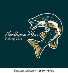 northern pike fishing club, pike fish illustration in dark green background