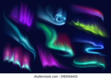 Northern polar aurora borealis lights, vector Arctic natural phenomena isolated on dark background. Amazing iridescent glowing wavy illumination on night sky. Realistic 3d shining aurora borealis set