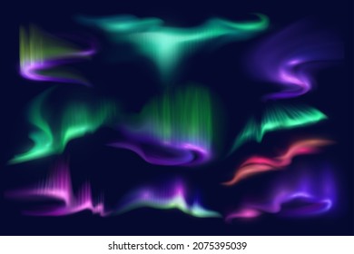Northern polar aurora borealis lights on dark night sky background. Abstract 3d vector northern light swirls, transparent glowing of green, purple and pink waves, shining aurora borealis