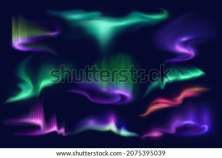 Northern polar aurora borealis lights on dark night sky background. Abstract 3d vector northern light swirls, transparent glowing of green, purple and pink waves, shining aurora borealis