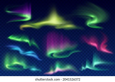 Northern polar lights, aurora borealis vector glow. Arctic natural phenomena, amazing iridescent glowing illumination on night sky. Realistic 3d shining aurora set isolated on transparent background