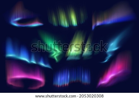 Northern polar lights and aurora borealis glow. Realistic vector waves and swirls of green, pink and blue auroras, shining northern and southern lights on dark night sky background, Arctic nature