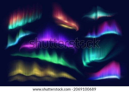 Northern polar lights of vector aurora borealis glow on dark background of night sky. Green, purple and yellow shining waves or swirls of Arctic, Nordic and Scandinavian natural luminescence