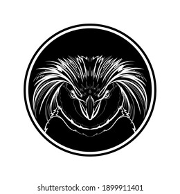 Northern rockhopper penguin (head) in black circle. Graphic drawing. Vector illustration.