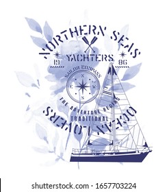 Northern seas .Sketch sail graphic design.Can be used as t shirt printing design.