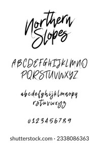 Northern Slopes is a fashionable calligraphic brush font. English alphabet and numbers drawn by hand with a brush. Lettering. Latin alphabet. Vector alphabet on a white background.