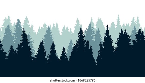 Northern spruce forest in a mist and border of ethnic ornament. Vector illustration.