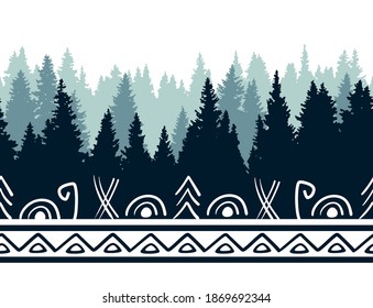 Northern spruce forest in a mist and border of ethnic ornament. Vector illustration.