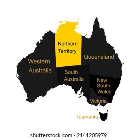 Northern Territory map. Australian map vector silhouette illustration isolated on white. Separated countries over Australia map. Continent symbol. Queensland map. New South Wales. Victoria. Tasmania. 
