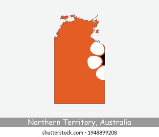 Kartenflagge für das nördliche Territorium. Karte von NT, Australien mit Flagge einzeln auf weißem Hintergrund. Australisches Gebiet. Vektorgrafik.