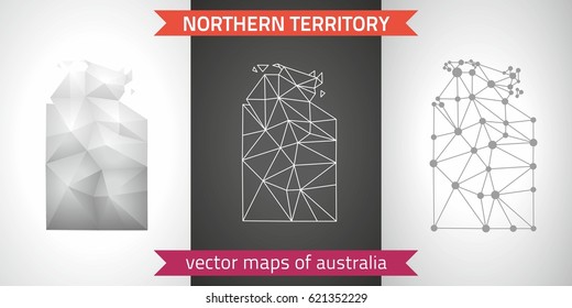 Northern Territory set of grey and silver mosaic 3d polygonal maps. Graphic vector triangle geometry outline shadow perspective maps