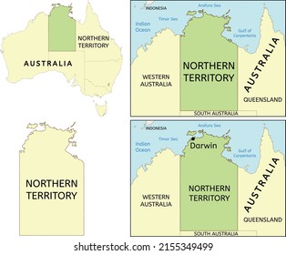 Northern Territory state location on map of Australia. Capital city is Darwin