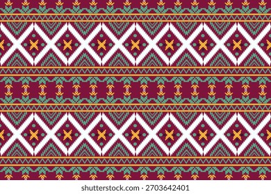  Padrão étnico do norte da Tailândia. Padrões boêmios com cores brilhantes em um fundo roxo-vermelho profundo.