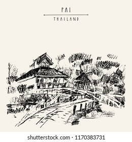 Northern Thai paradise. Bamboo bridge and Thai traditional architecture in Pai, Mae Hong Song province, Thailand. Travel hand drawn vintage artistic postcard in vector