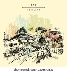 Northern Thai paradise. Bamboo bridge and Thai traditional architecture in Pai, Mae Hong Song province, Thailand. Travel hand drawn vintage artistic postcard in vector