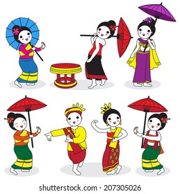 Northern Thai Traditional Dance Characters and Icons illustration set