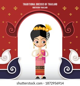 Northern Thailand  - Cute cartoon characters girl in traditional dresses of thailand or thai traditional dance costume with paper cut art and craft style on paper background.