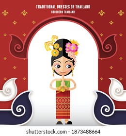 Northern Thailand  - Cute cartoon characters girl in traditional dresses of thailand or thai traditional dance costume with paper cut art and craft style on paper background.