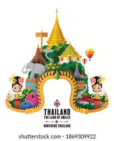 Northern Thailand - The most beautiful places to visit in thailand with paper cut art and craft style on paper background.