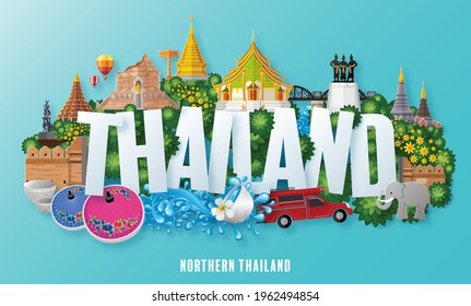 Northern Thailand - The most beautiful places to visit in thailand with paper cut art and craft style on paper background. svg