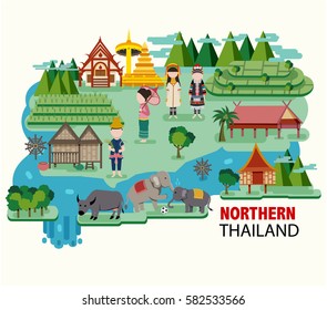 Northern Thailand travel with their culture and identity, all in the flat style, illustration, vector