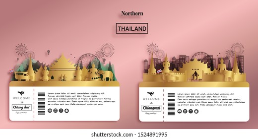 Northern Thailand Travel Ticket Postcard, poster, tour advertising of world famous landmarks of Thailand in paper cut style. Vector illustration.