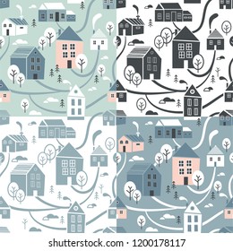 Northern town. Seamless pattern set for winter, New Year and Christmas theme. Creative Hand drawn Christmas background in Scandinavian style. Vector Illustration