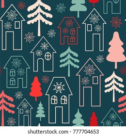 Northern town. Seamless vector pattern with houses and trees on the dark background.