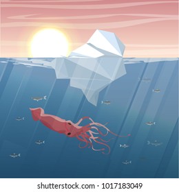 Northern underwater landscape. Iceberg, a large red squid and a flock of herring fish. Vector illustration, a scene from marine life.