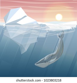 Northern underwater landscape. Iceberg and a large whale. Vector illustration, a scene from marine life. 