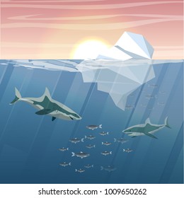 Northern underwater landscape. Iceberg and two sharks, hunting a flock of herring fish. Vector illustration, a scene from marine life.