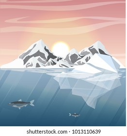 Northern underwater landscape. Large Arctic fish. Iceberg and snow-capped mountains on the horizon. Vector illustration, a scene from marine life.