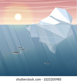 Northern underwater landscape. Large Arctic fish. Iceberg. Vector illustration, a scene from marine life.