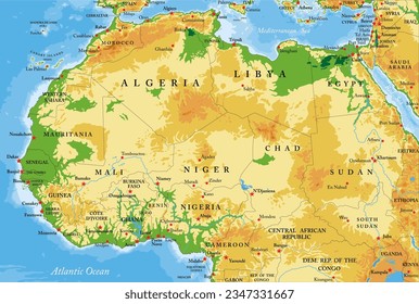 Northern and western Africa highly detailed physical map