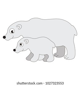Northern White Bear mother and her infant cartoon. Outlined illustration with thin line black stroke
